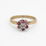 9ct gold vintage ruby & diamond cluster ring, claw set Size K