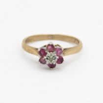 9ct gold vintage ruby & diamond cluster ring, claw set Size K