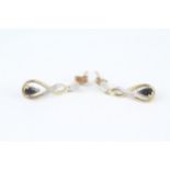 9ct gold pear cut sapphire & diamond drop earrings with scroll backs