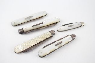 5 x Antique Hallmarked .925 Sterling Silver MOP Fruit Knives (124g) - In antique condition Signs