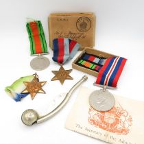 Boxed WWII Navy medal group and Bosun's whistle inc. Atlantic Star etc. -