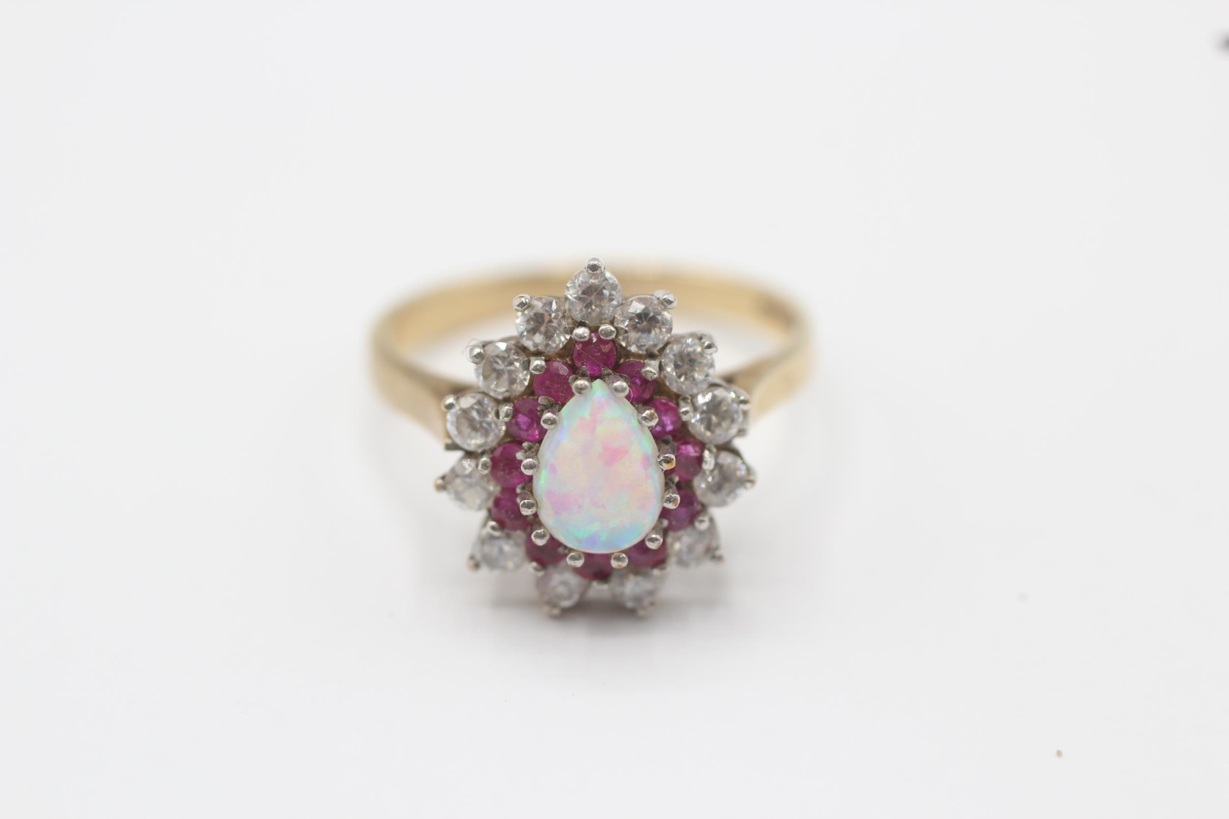 9ct gold opal, ruby & cubic zirconia pear shaped cluster ring Size N 3.3 g - Image 2 of 7