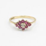 9ct gold diamond & ruby lozenge shaped cluster ring Size P 1.4 g