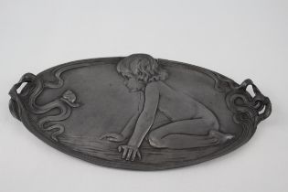 Antique / Vintage Art Nouveau Style Pewter Tray, Child w/ Snail (289g) - Diameter - 26.5cm In