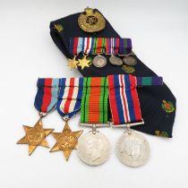 WWII mounted medal group inc. full size and miniature + Regimental tie and Royal Engineers Cap Badge
