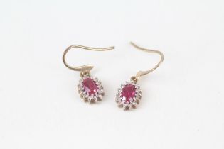 9ct gold oval cut red gemstone & diamond cluster drop earrings with French hooks