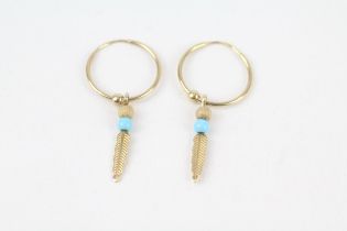 9ct gold turquoise feather drop hoop earrings