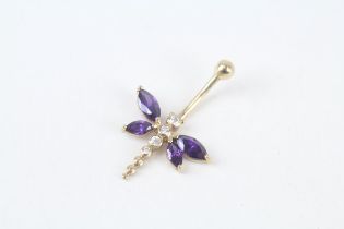 9ct gold clear & purple cubic zirconia butterfly belly bar 2.3 g