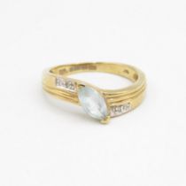 9ct gold marquise cut blue topaz & diamond dress ring Size M