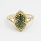 9ct gold enhanced green diamond marquise shaped cluster ring with split shank Size T 1/2 3.1 g