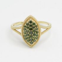 9ct gold enhanced green diamond marquise shaped cluster ring with split shank Size T 1/2 3.1 g
