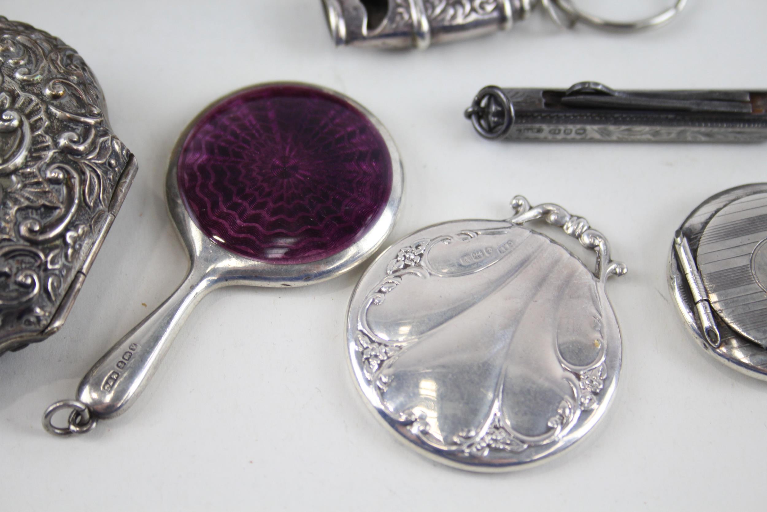 7 x Antique / Vintage Hallmarked .925 STERLING SILVER Vanity (147g) - Inc Guilloche Enamel, Whistle, - Image 4 of 7