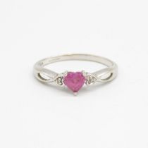 9ct gold heart cut pink gemstone & diamond ring - MISHAPEN - AS SEEN Size N