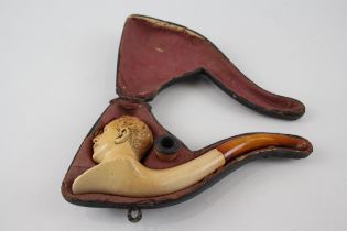 Antique Carved Meerschaum Tobacco /Cheroot Smoking Pipe Of Man w/ Mustache - In Original Fitted Case