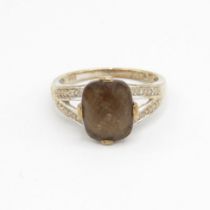 9ct gold chequer cut smokey quartz and diamond accented dress ring Size M