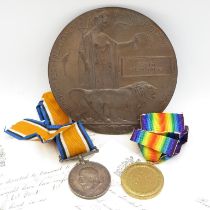 WWI medal pair and Death Plaque record office letters. Plaque names Joseph William Fort medals 3.