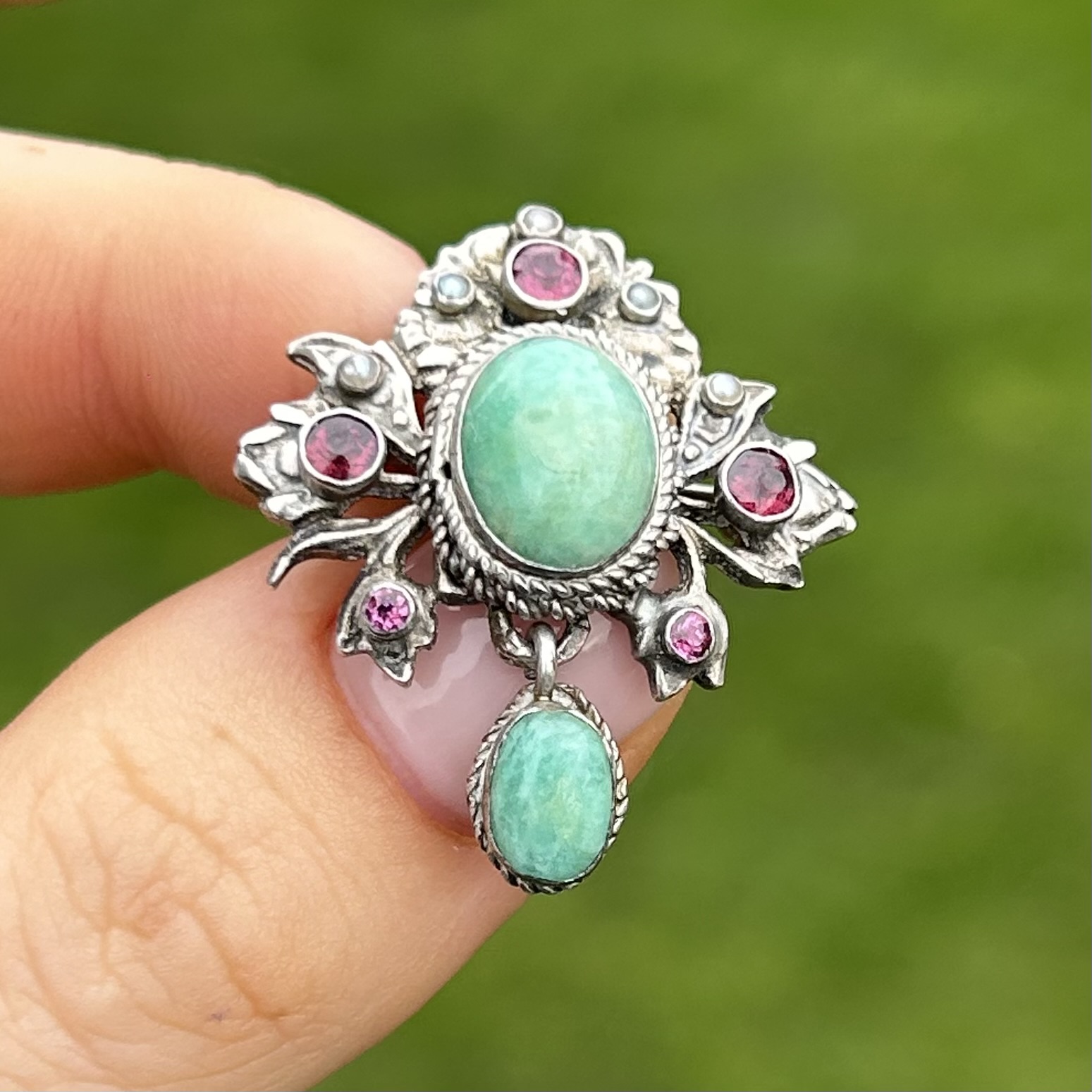 Silver Austro-Hungarian brooch set with gemstone and seed pearl (6g) - Image 3 of 9