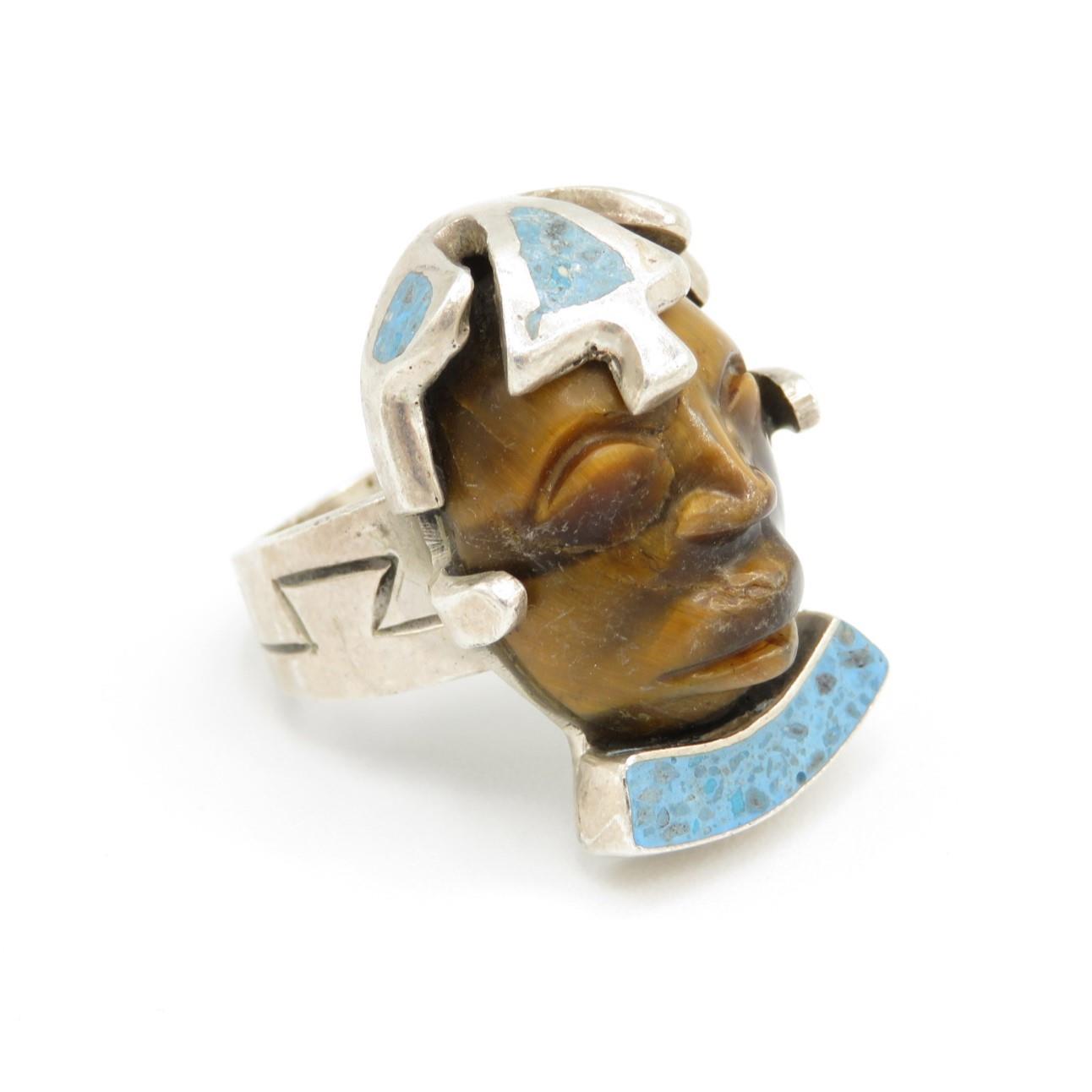 Silver Taxco ring with carved Tigers Eye (20g) - Image 7 of 7