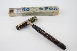 Vintage De La Rue ONOTO Magna Green Fountain Pen w/ 14ct Gold Nib WRITING Boxed - Dip Tested &
