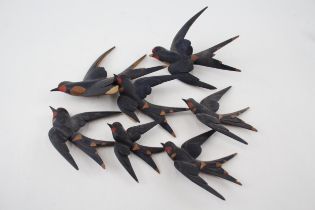 7 x Antique Hand Carded African Wooden Birds In Flight Wall Decorations - Diameter of Largest - 14cm