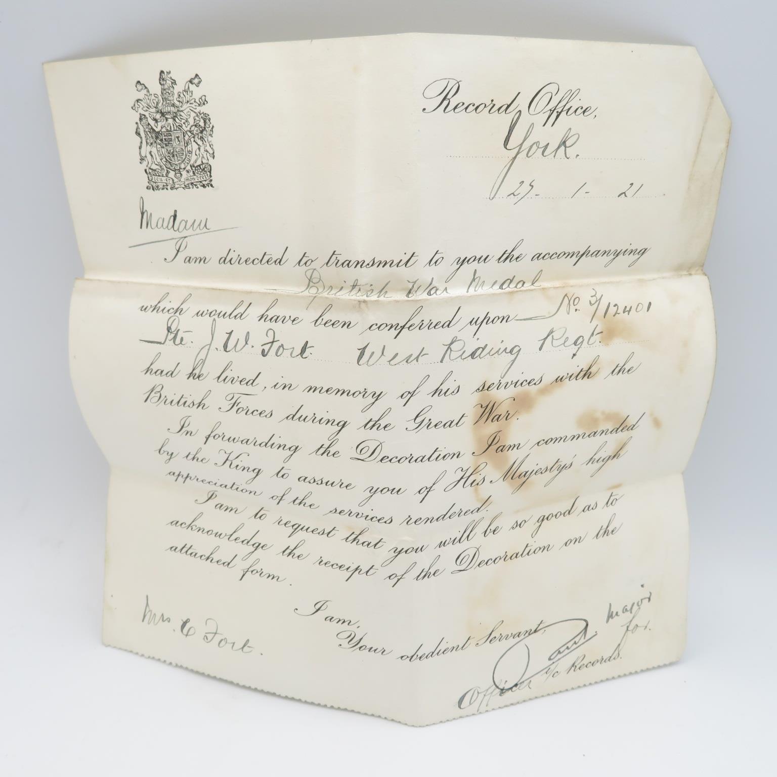 WWI medal pair and Death Plaque record office letters. Plaque names Joseph William Fort medals 3. - Image 11 of 11