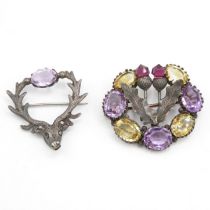 Two silver Scottish brooches with Amethyst & Citrine (17g)