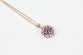9ct gold diamond & ruby floral cluster pendant necklace 2.1 g