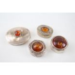 4 x Vintage .925 Sterling Silver Trinket Pill Boxes Inc Amber Etc (58g) - In vintage condition Signs