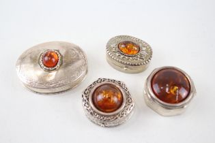 4 x Vintage .925 Sterling Silver Trinket Pill Boxes Inc Amber Etc (58g) - In vintage condition Signs