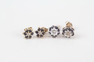 2x 9ct gold sapphire & diamond cluster earrings with scroll backs