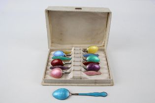 7 x Vintage Stamped .925 Sterling Silver Guilloche Enamel Teaspoons Boxed (81g) - Length - 10cm In