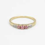 9ct gold pink diamond three stone ring with diamond sides Size N 1/2 1.2 g