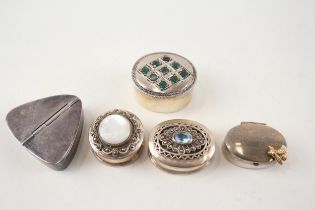 5 x Vintage .925 Sterling Silver Trinket Pill Boxes Inc Marcasite, MOP (71g) - In vintage
