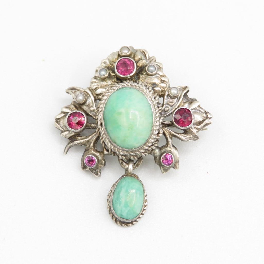 Silver Austro-Hungarian brooch set with gemstone and seed pearl (6g) - Image 5 of 9