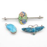 A collection of silver enamel jewellery including Charles Horner scarab (8g)