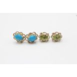 2 x 9ct gold peridot and blue gemstone stud earrings