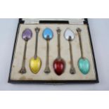 6 x Vintage 1937 Birmingham Sterling Silver Guilloche Enamel Teaspoons (58g) - w/ Fitted Case Etc