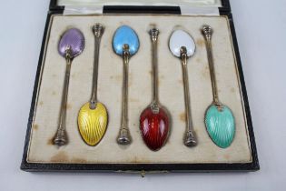 6 x Vintage 1937 Birmingham Sterling Silver Guilloche Enamel Teaspoons (58g) - w/ Fitted Case Etc