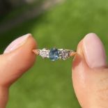 9ct gold blue topaz & diamond three stone ring Size O 1.4 g