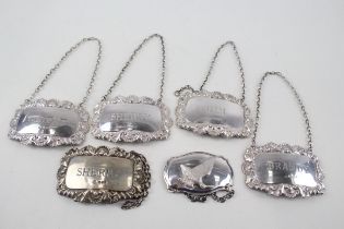 6 x Vintage Hallmarked .925 Sterling Silver Decanter Labels Inc Gin Etc (80g) - In vintage condition