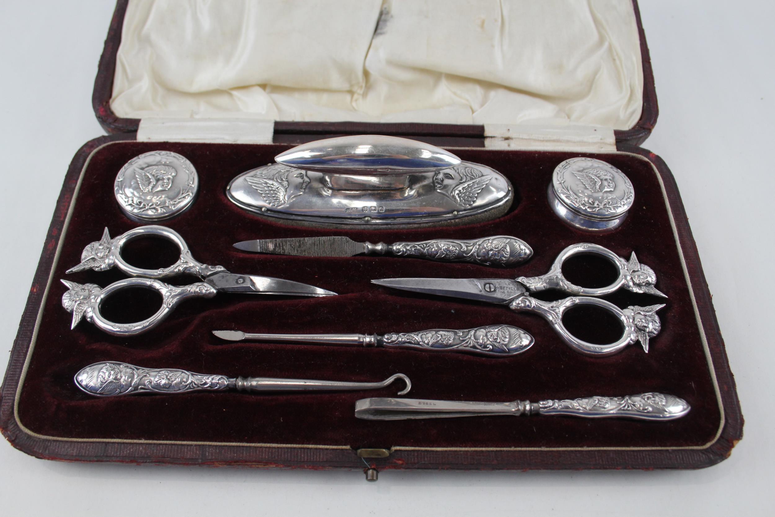 9 x Antique Victorian 1899 Birmingham Sterling Silver 9-Piece Vanity Set (167g) - w/ Cherub