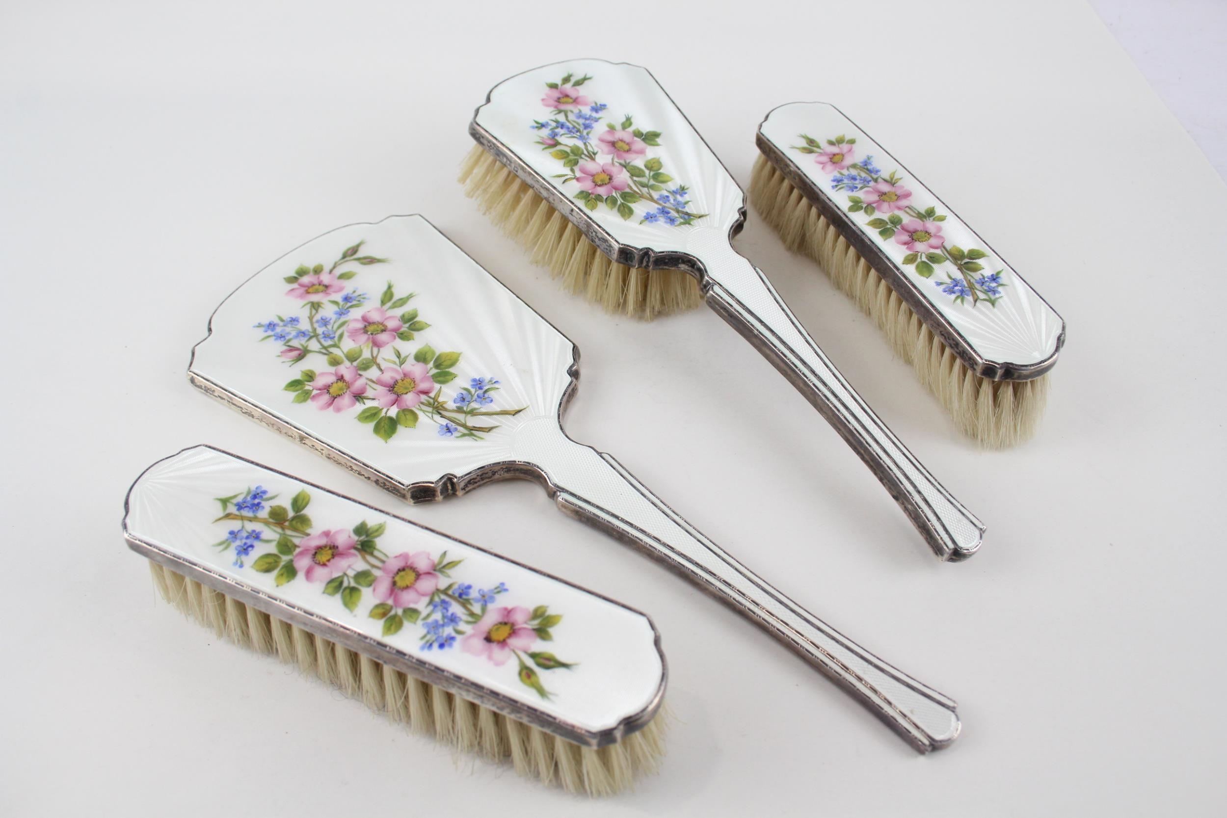 4 x Vintage 1955 Birmingham Sterling Silver Guilloche Enamel Vanity Set (545g) - Maker - Henry