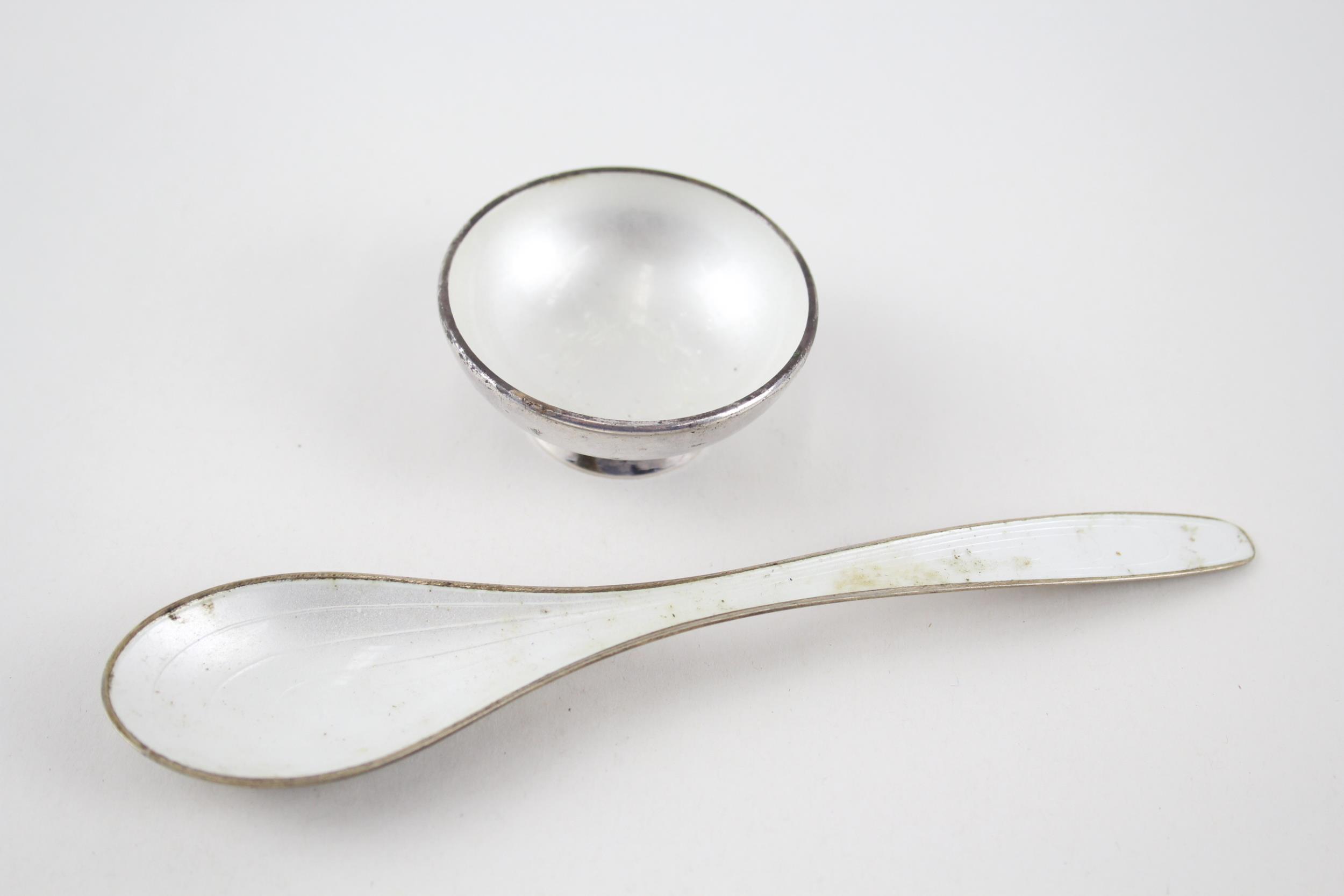 2 x Vintage Stamped .925 Sterling Silver White Guilloche Enamel Spoon & Salt 53g - Inc Norway