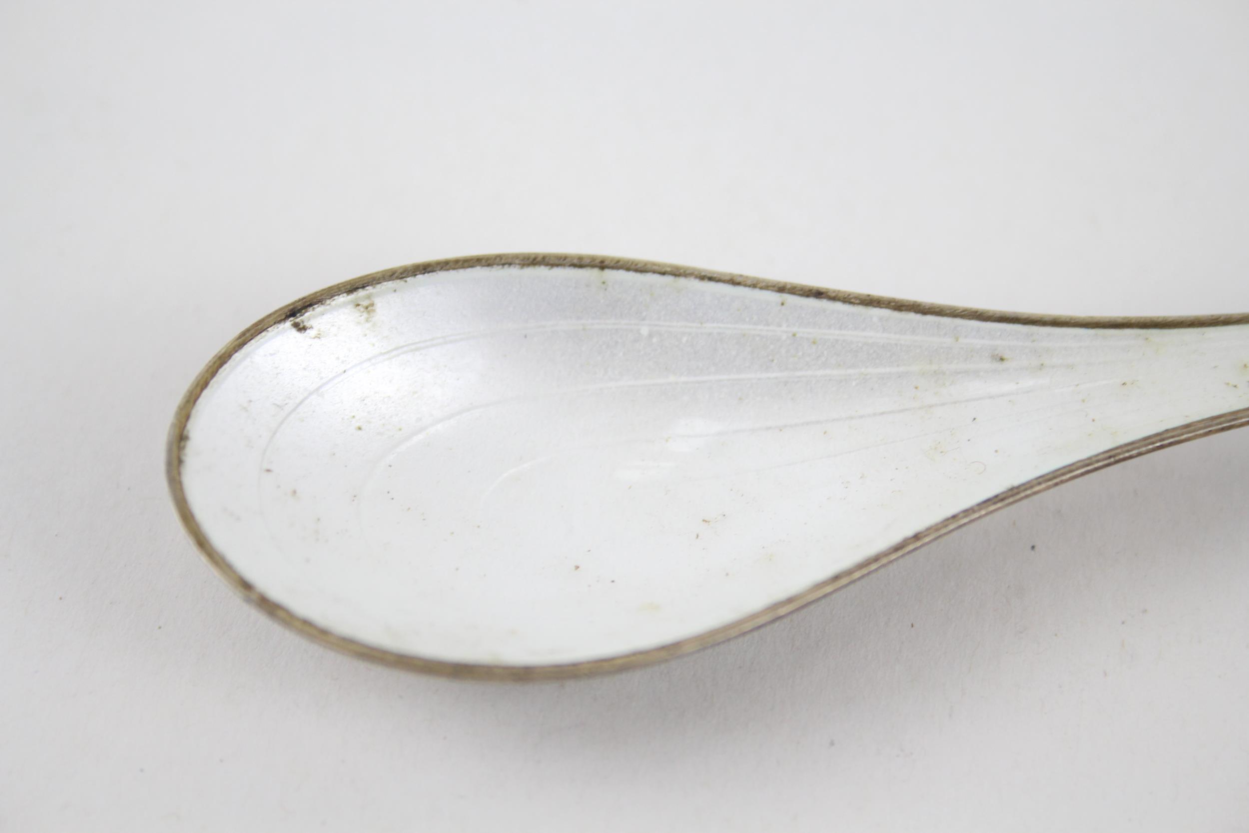 2 x Vintage Stamped .925 Sterling Silver White Guilloche Enamel Spoon & Salt 53g - Inc Norway - Image 2 of 7