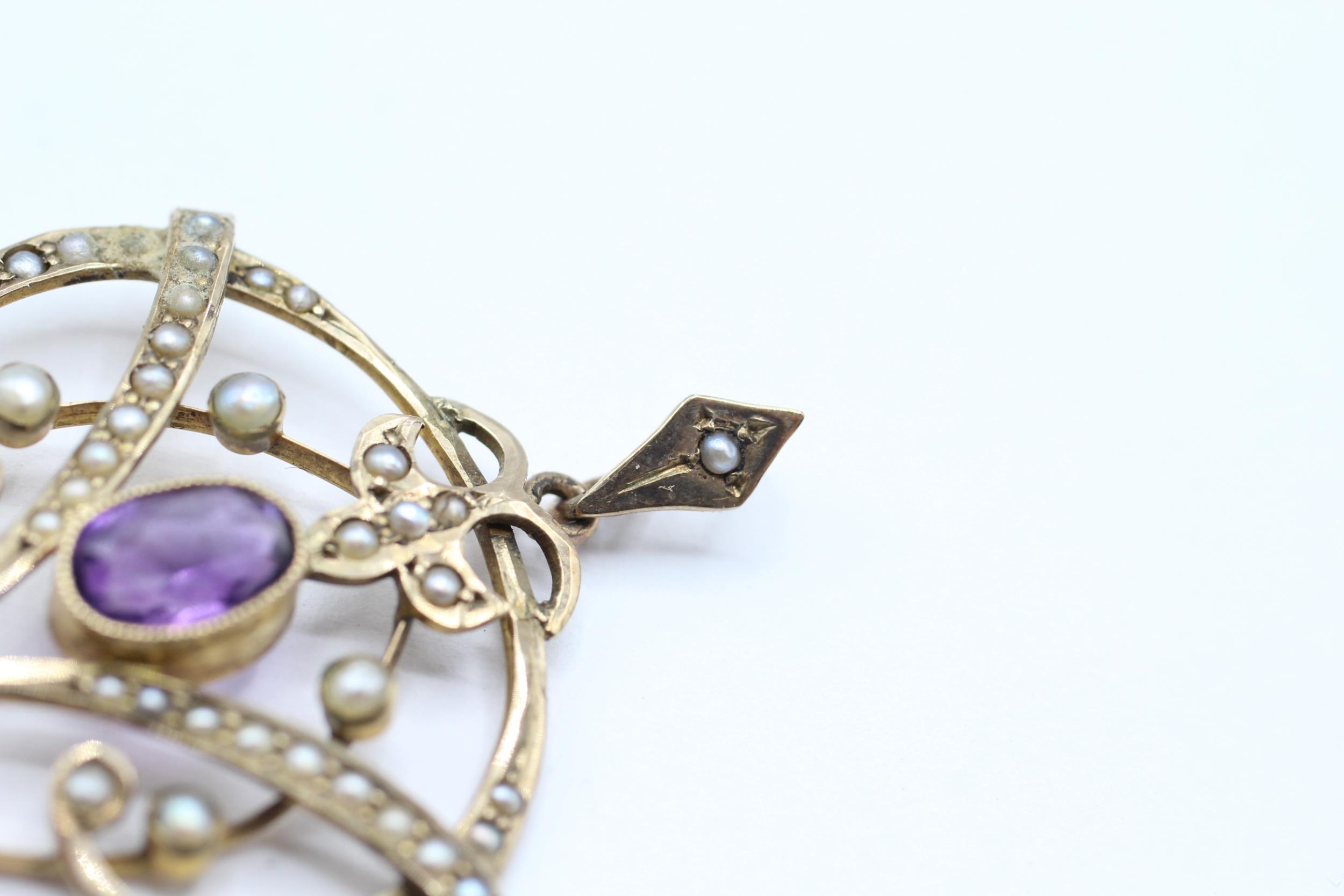 9ct gold Edwardian amethyst & seed pearl pendant with a drop cultured pearl 3.3 g - Bild 4 aus 5