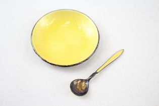 DAVID ANDERSON .925 Sterling Silver Yellow Guilloche Enamel Salt Dish (26g) - w/ Associated Spoon
