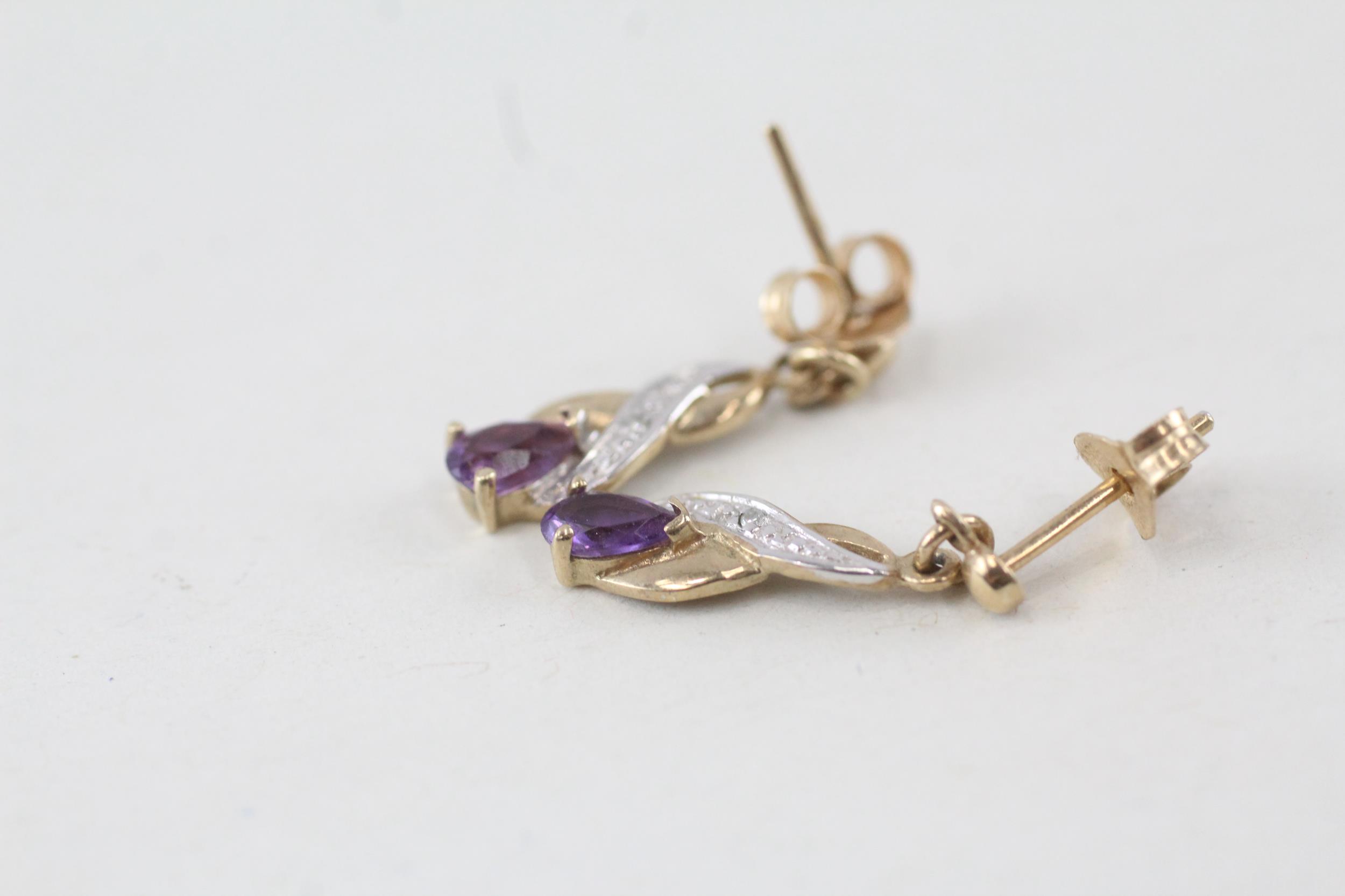 9ct gold pear cut amethyst and diamond accented drop earrings 1 g - Image 2 of 3