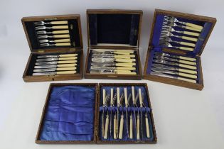 Silver Plate Cutlery Sets Fish Cutlery Ivorine Wooden Canteens x 4 - Silver Plate Cutlery Sets