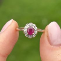9ct gold ruby and diamond halo ring Size L 1.9 g