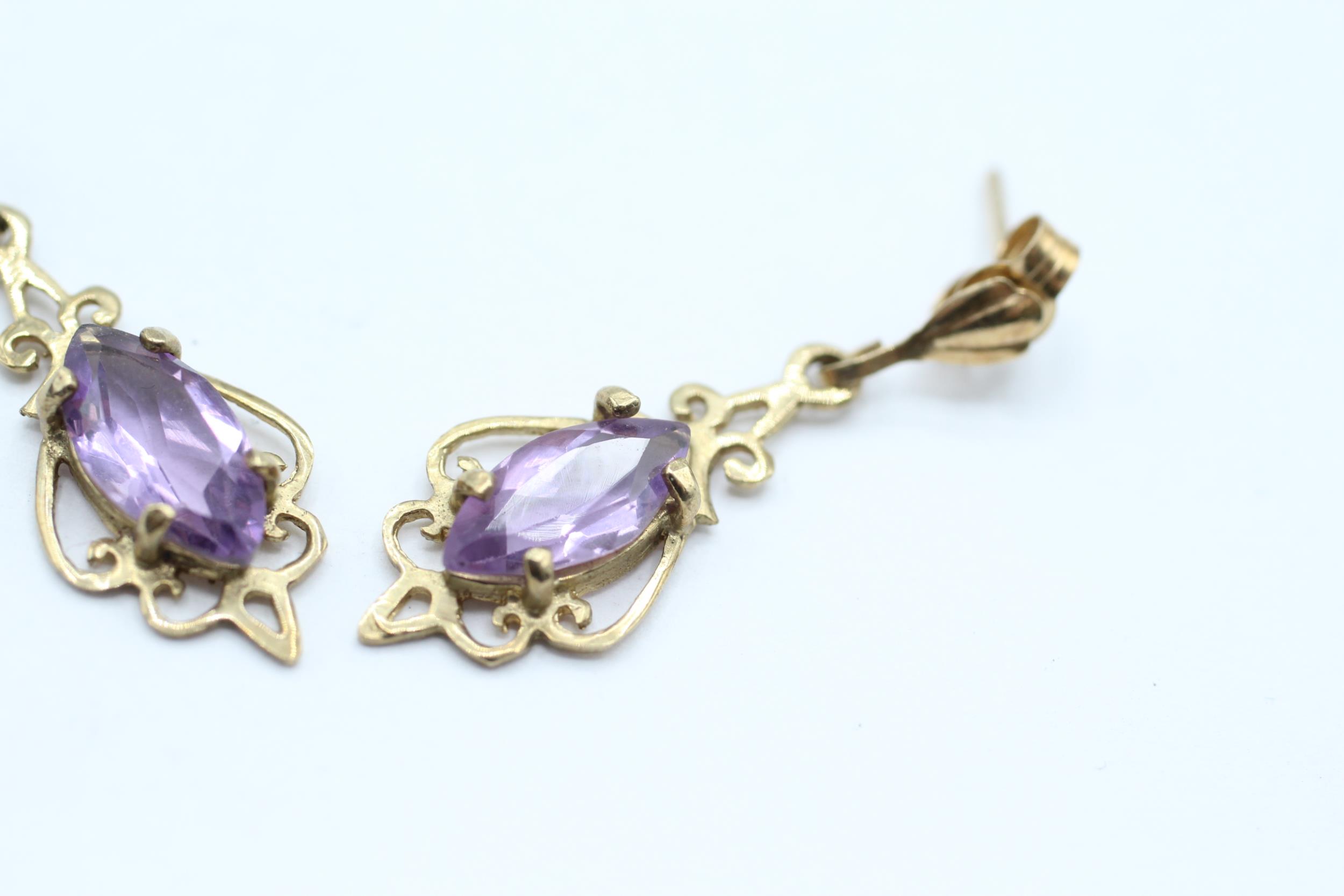 9ct gold marquise cut amethyst drop earrings with scroll backs 1.7 g - Image 3 of 4